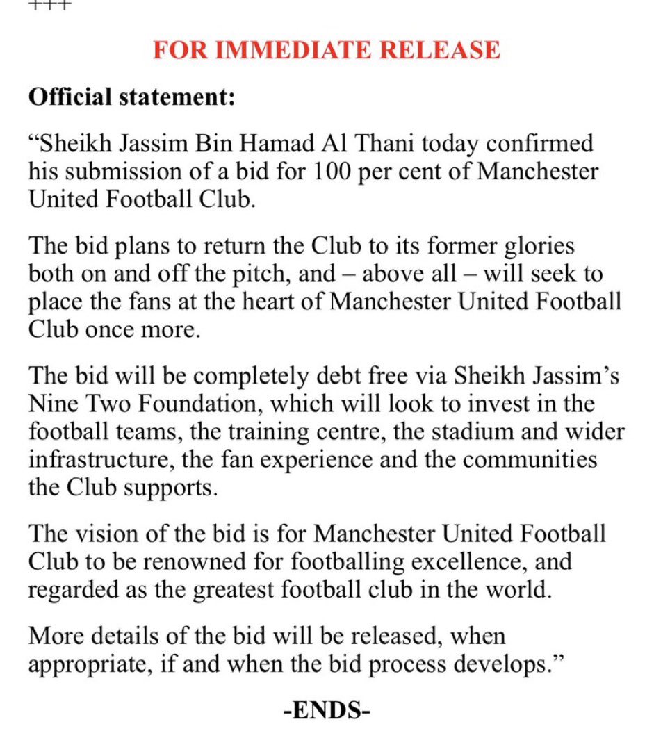Comunicado del jeque Jassim Bin Hamad Al Thani sobre su oferta de compra al Manchester United